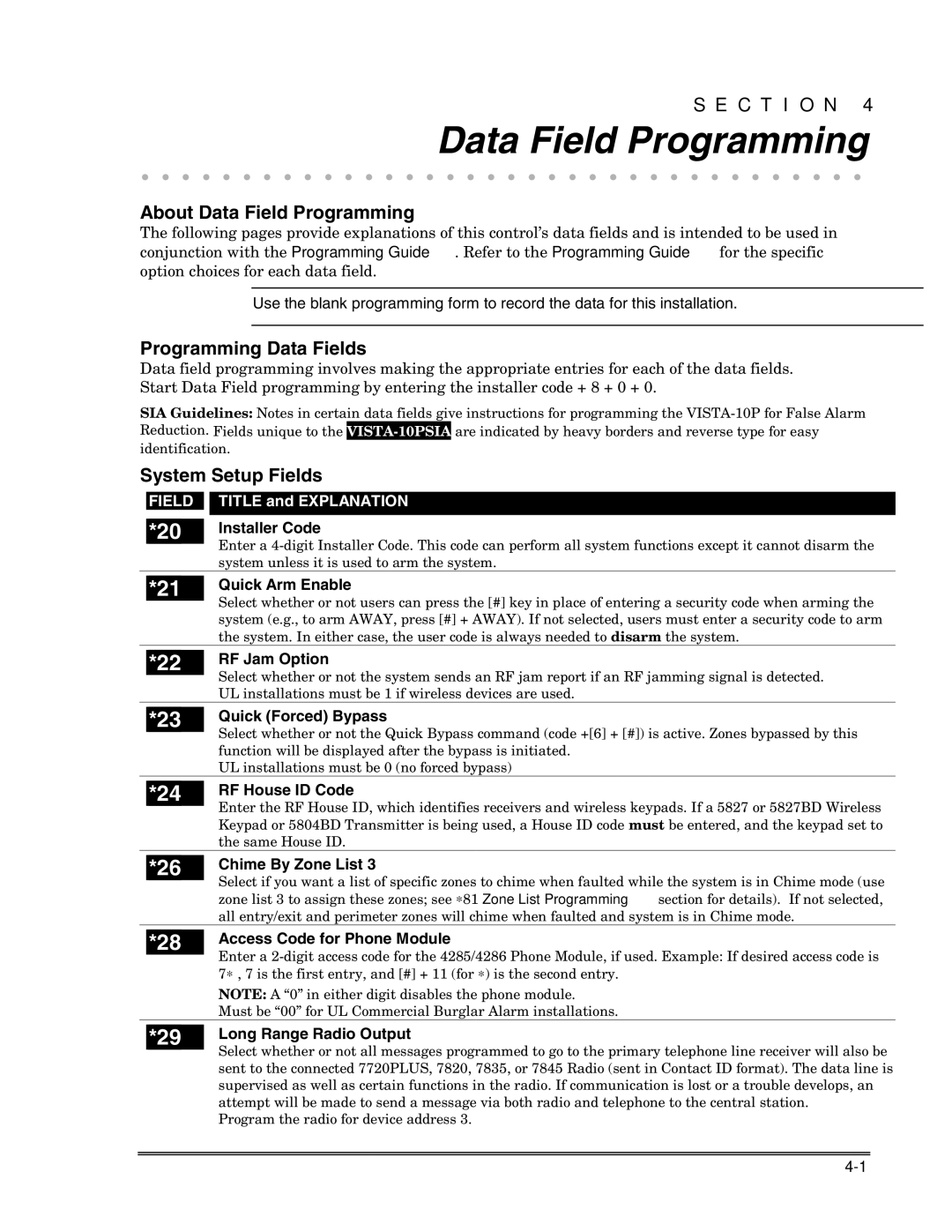 Honeywell VISTA-10PSIA setup guide About Data Field Programming, Programming Data Fields, System Setup Fields 