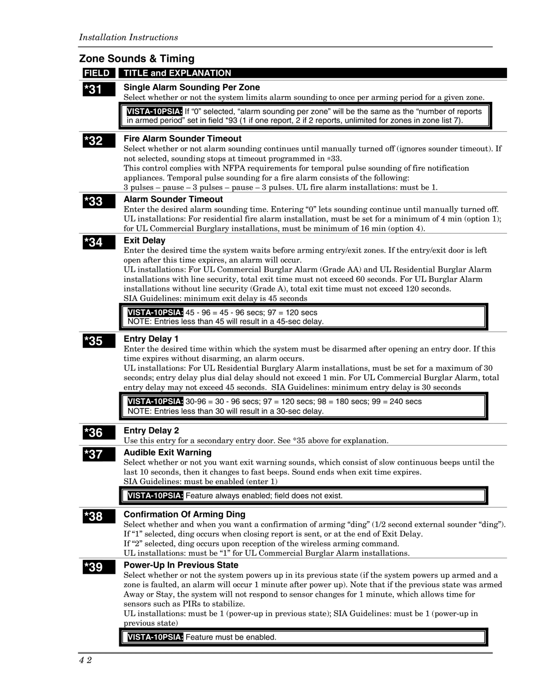 Honeywell Ademco Security Systems, VISTA-10PSIA setup guide Zone Sounds & Timing 