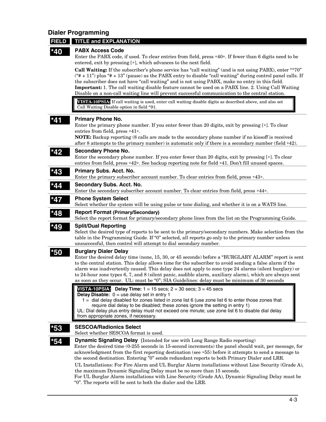 Honeywell VISTA-10PSIA, Ademco Security Systems setup guide Dialer Programming 