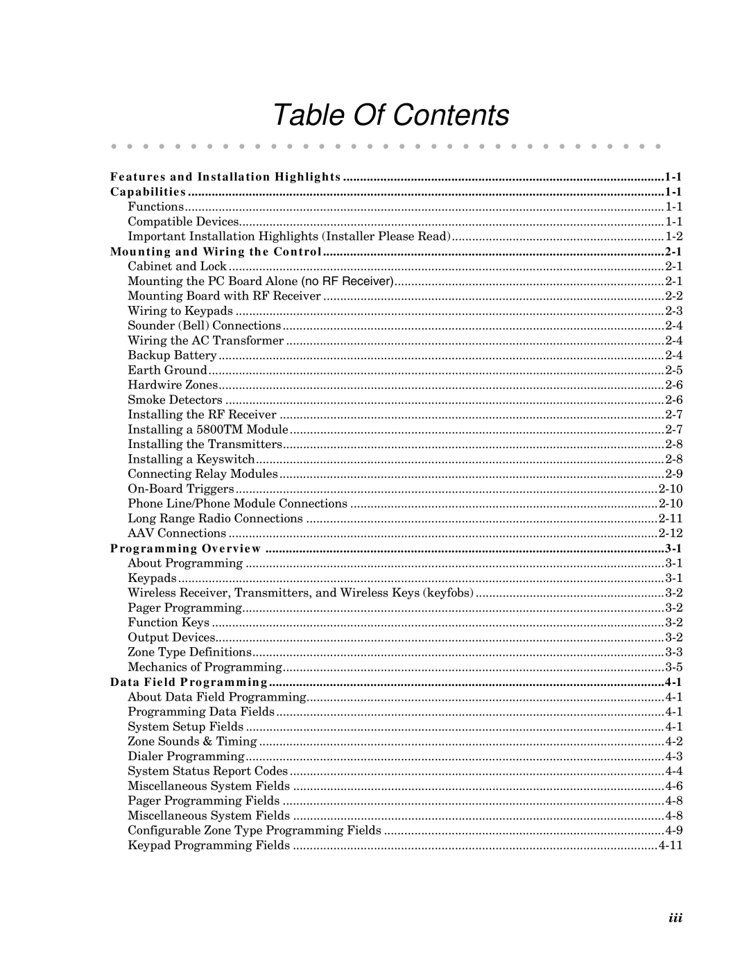 Honeywell VISTA-10PSIA, Ademco Security Systems setup guide Table Of Contents 