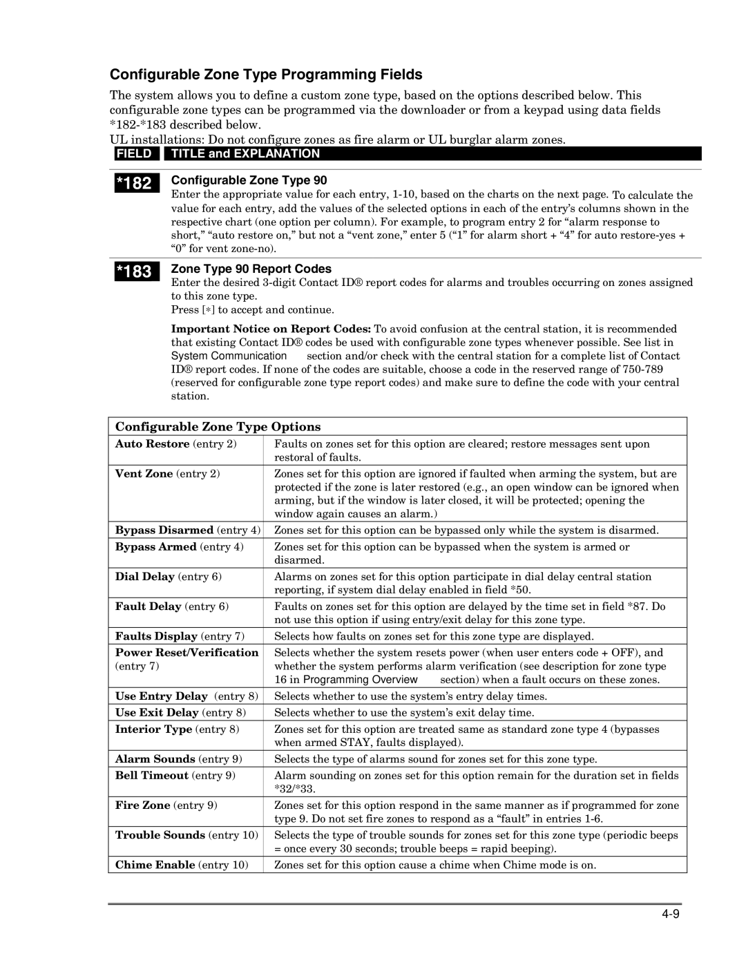 Honeywell VISTA-10P Configurable Zone Type Programming Fields, Zone Type 90 Report Codes, Configurable Zone Type Options 