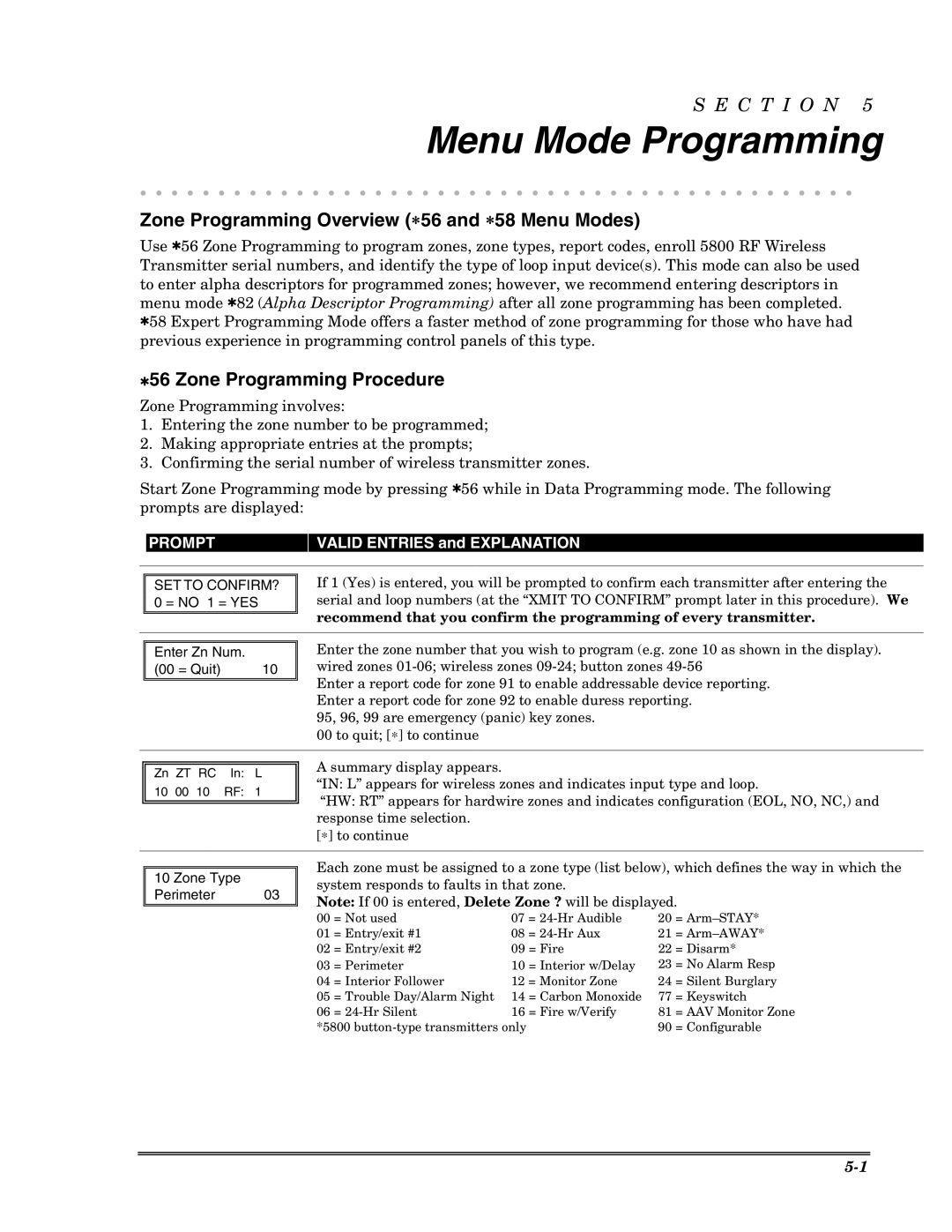 Honeywell VISTA-10PSIA Menu Mode Programming, Zone Programming Overview ∗56 and ∗58 Menu Modes, Zone Programming Procedure 