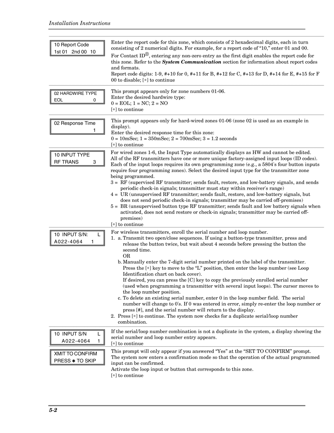 Honeywell Ademco Security Systems, VISTA-10PSIA setup guide Input Type RF Trans, Input S/N L, Xmit to Confirm 