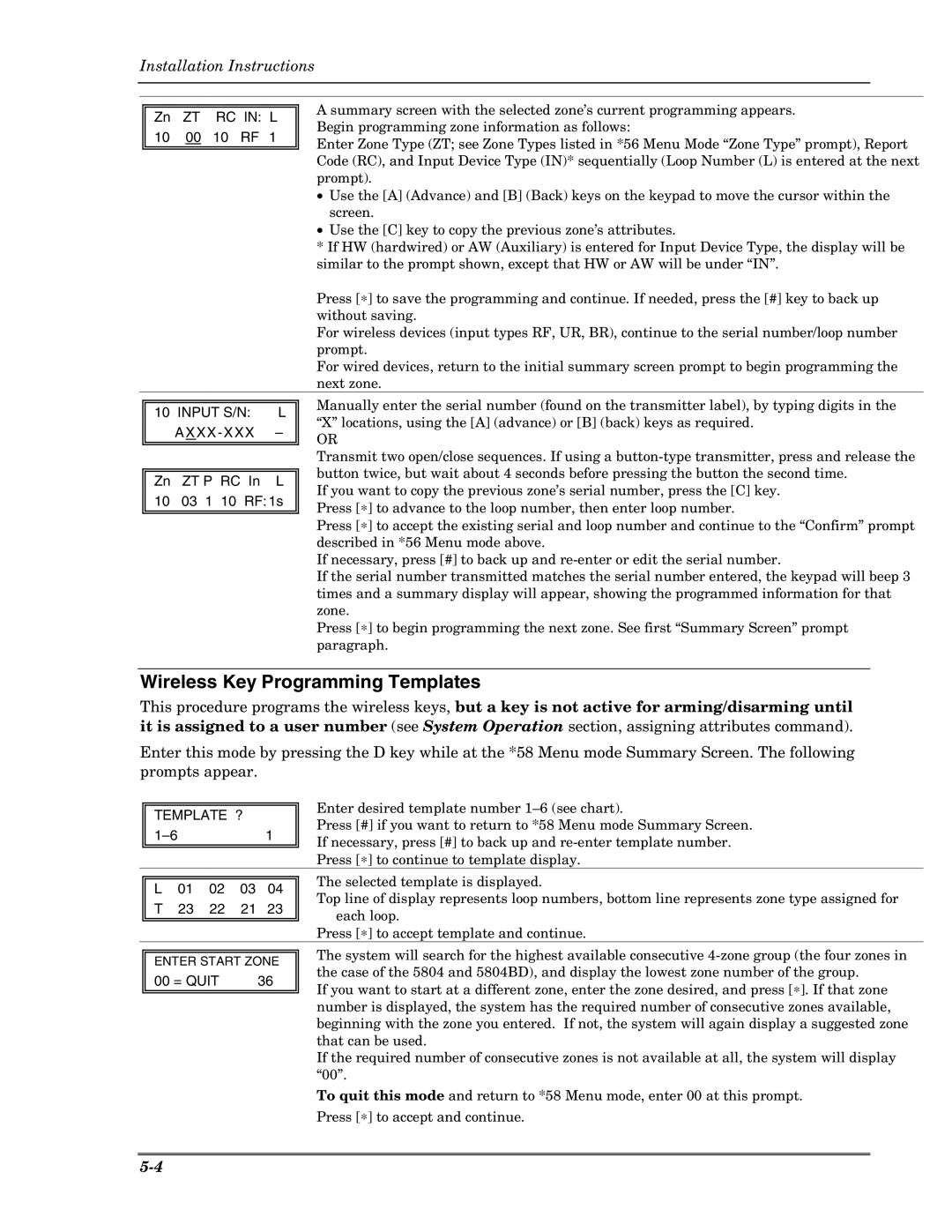 Honeywell VISTA-10PSIA, Ademco Security Systems setup guide Wireless Key Programming Templates, RC in L, Template ? 