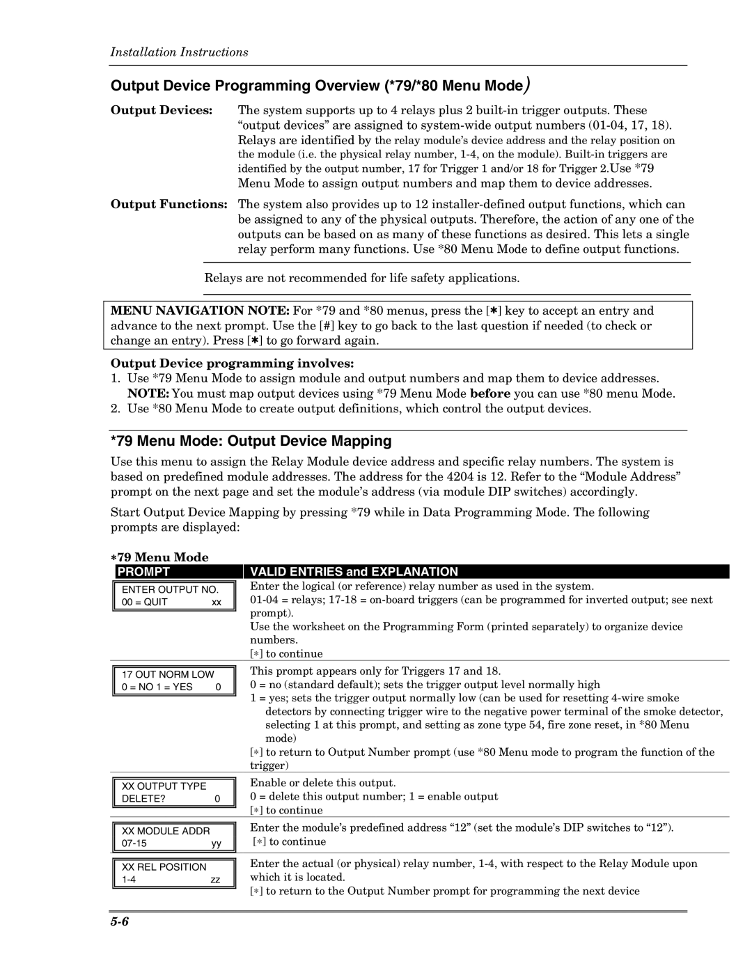 Honeywell VISTA-10P Output Device Programming Overview *79/*80 Menu Mode, Menu Mode Output Device Mapping, ∗79 Menu Mode 