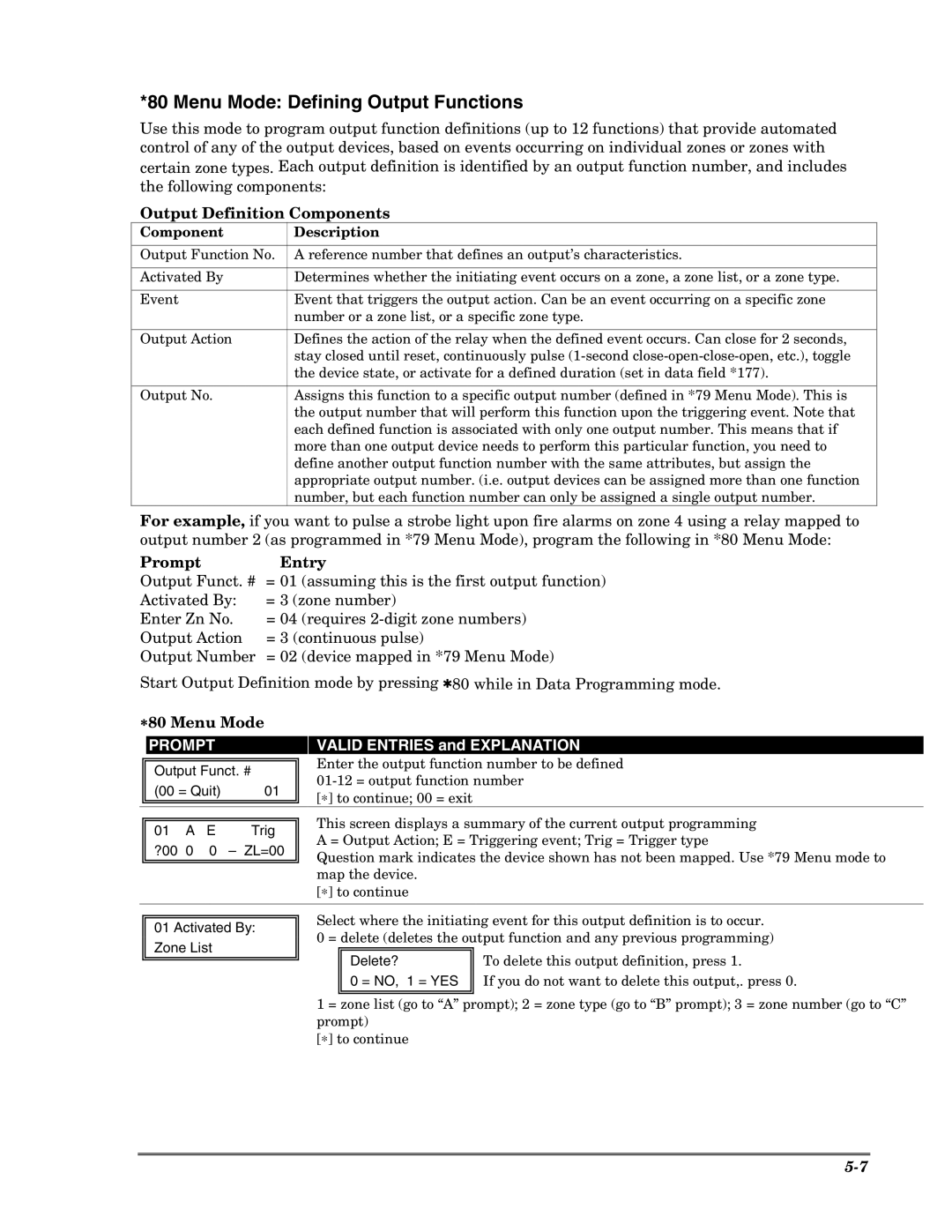 Honeywell VISTA-10PSIA Menu Mode Defining Output Functions, Output Definition Components, Prompt Entry, ∗80 Menu Mode 