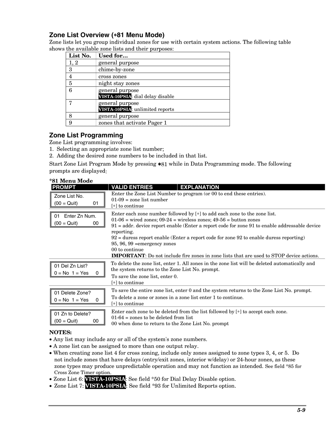 Honeywell VISTA-10PSIA setup guide Zone List Overview ∗81 Menu Mode, Zone List Programming, List No Used for… 