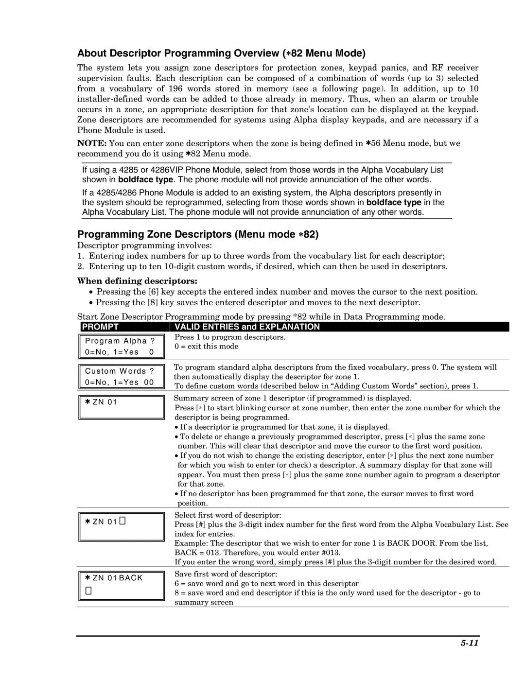 Honeywell Ademco Security Systems About Descriptor Programming Overview ∗82 Menu Mode, When defining descriptors 