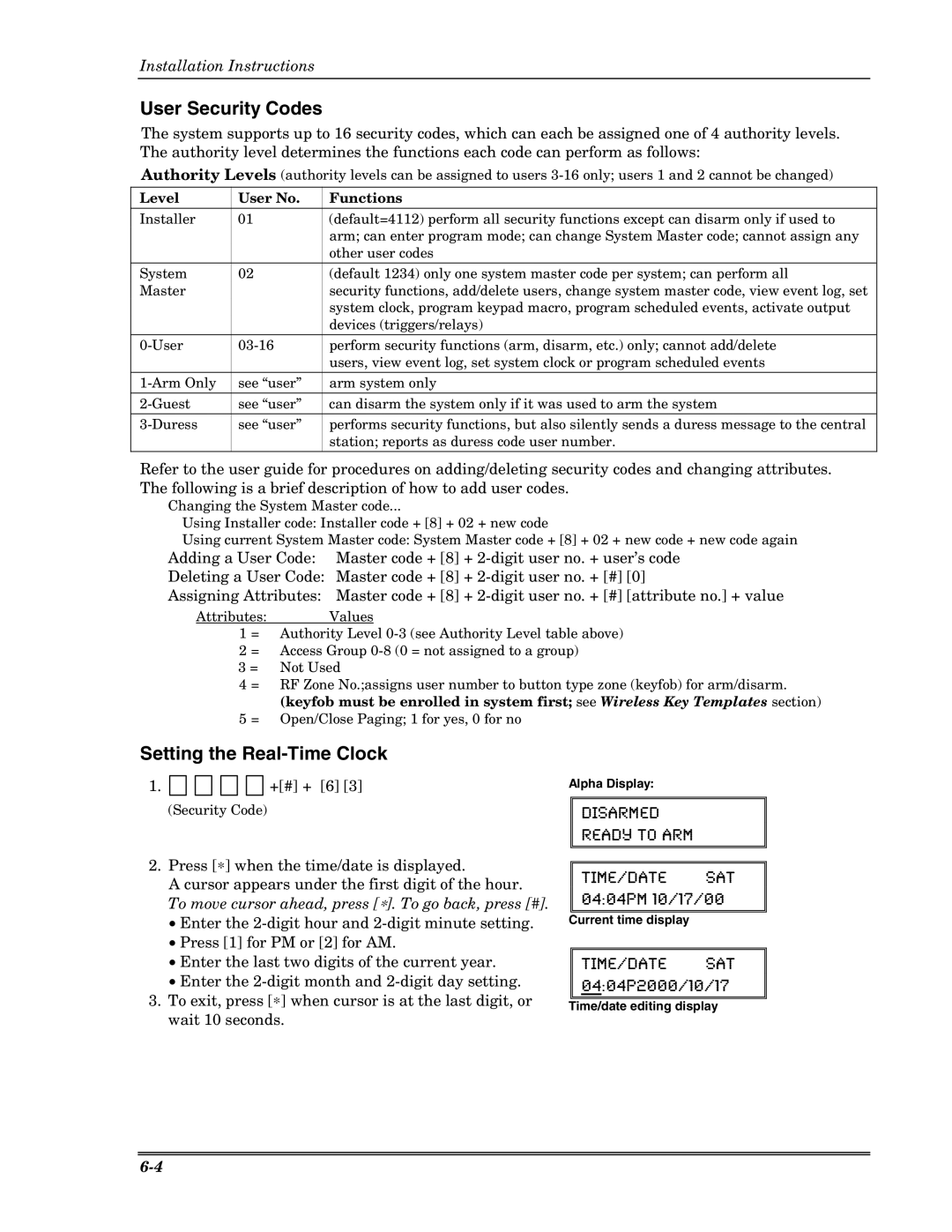 Honeywell Ademco Security Systems, VISTA-10P User Security Codes, Setting the Real-Time Clock, Level User No Functions 