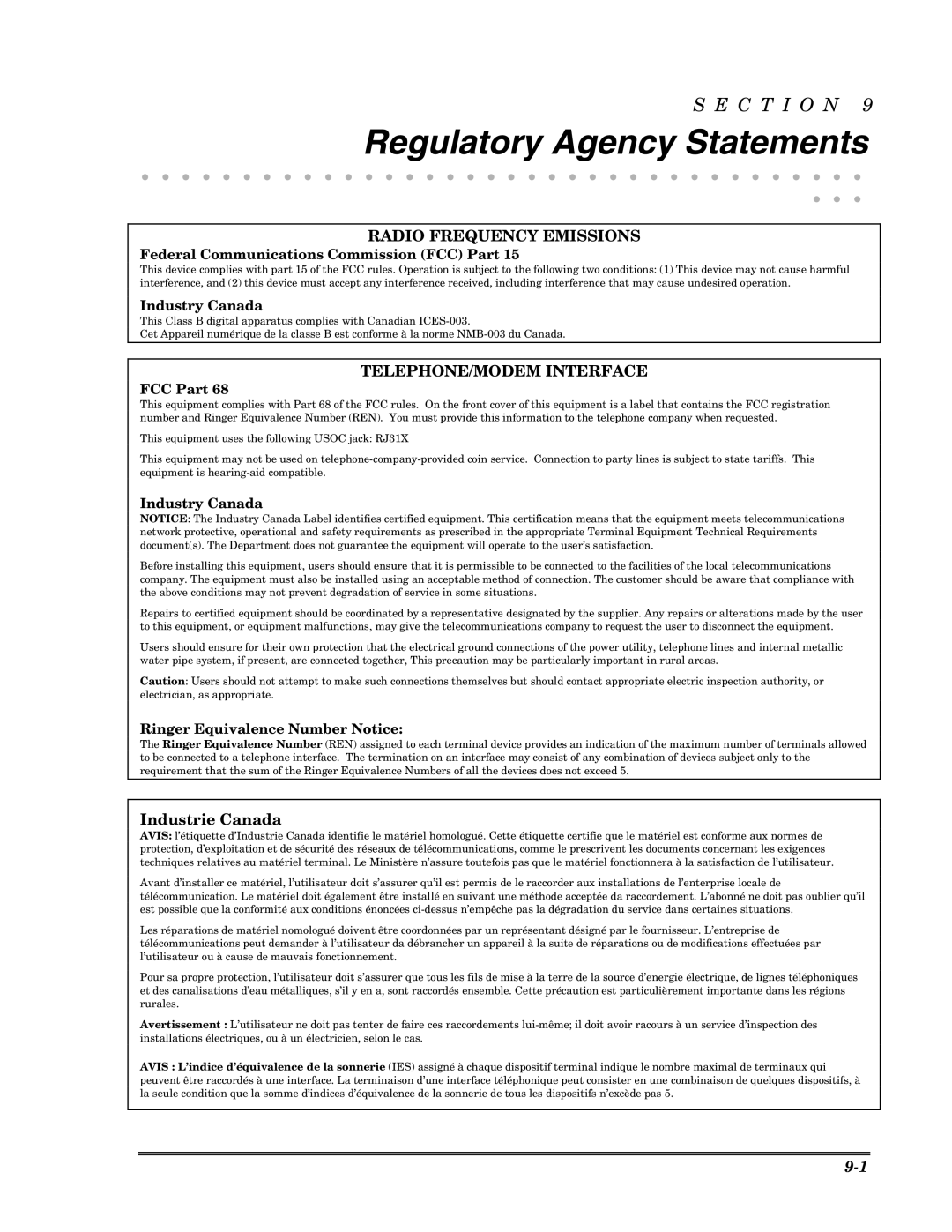 Honeywell Ademco Security Systems, VISTA-10P Industrie Canada, Federal Communications Commission FCC Part, Industry Canada 