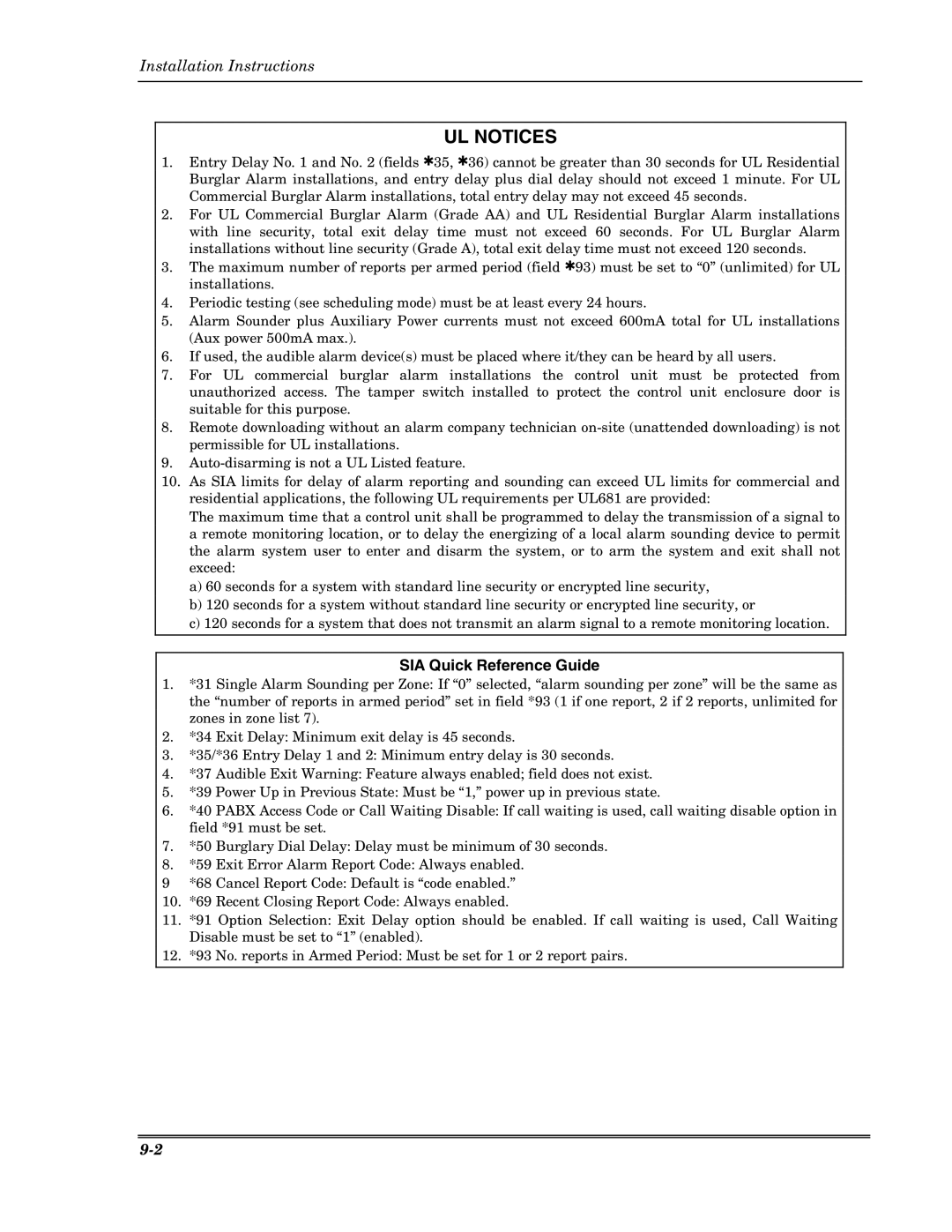 Honeywell VISTA-10PSIA, Ademco Security Systems setup guide UL Notices, SIA Quick Reference Guide 