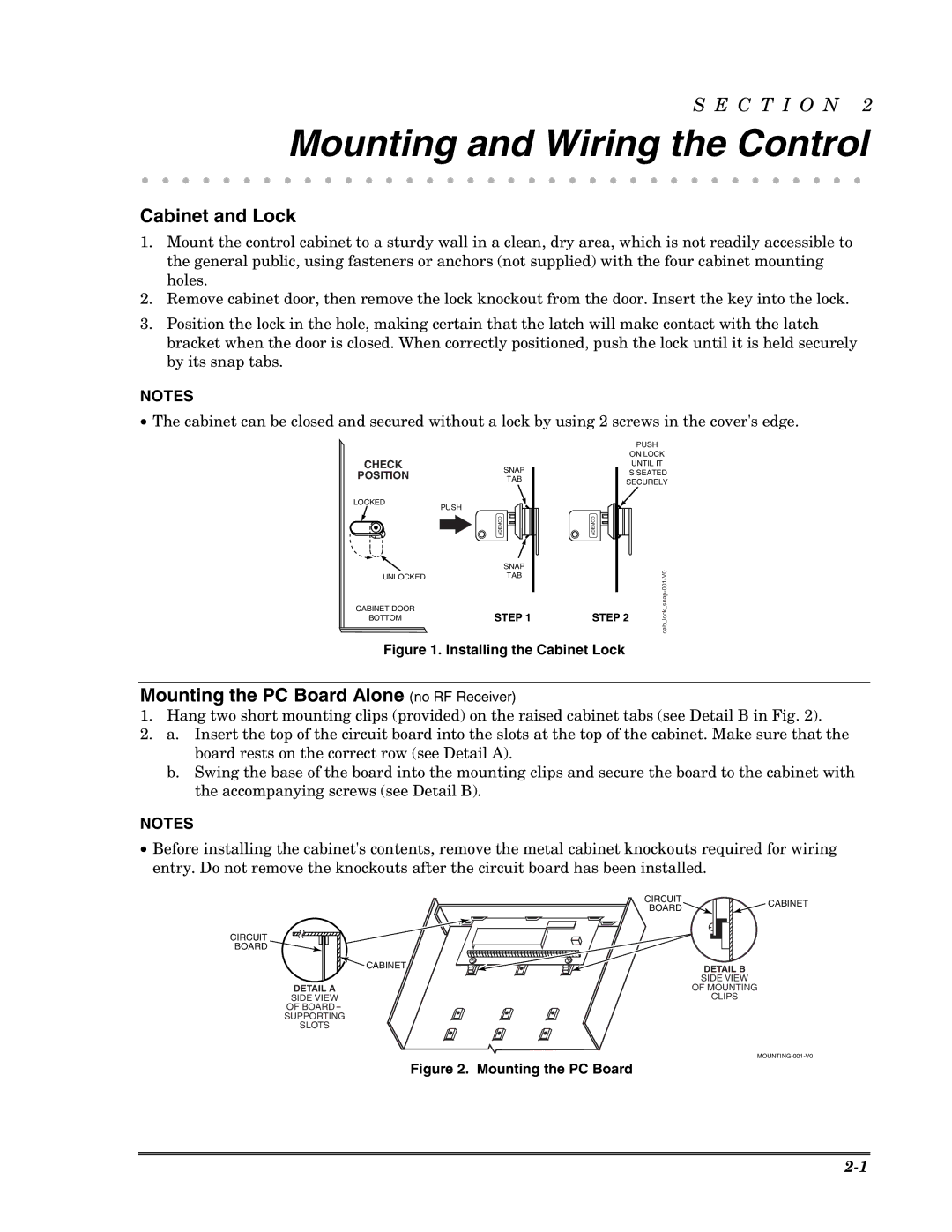 Honeywell VISTA-10PSIA Mounting and Wiring the Control, Cabinet and Lock, Mounting the PC Board Alone no RF Receiver 