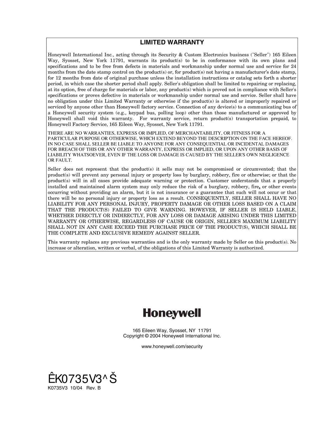 Honeywell VISTA-10PSIA, Ademco Security Systems setup guide Limited Warranty, K0735V3 10/04 Rev. B 