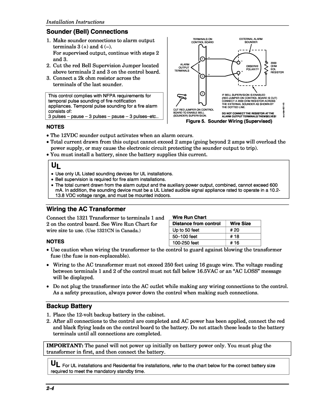 Honeywell VISTA-10PSIA Sounder Bell Connections, Wiring the AC Transformer, Backup Battery, Installation Instructions 
