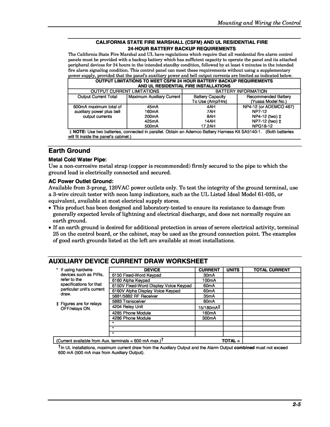 Honeywell Ademco Security Systems Earth Ground, Auxiliary Device Current Draw Worksheet, Mounting and Wiring the Control 