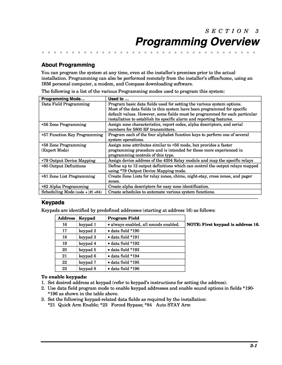 Honeywell VISTA-10PSIA, Ademco Security Systems setup guide Programming Overview, About Programming, Keypads, S E C T I O N 