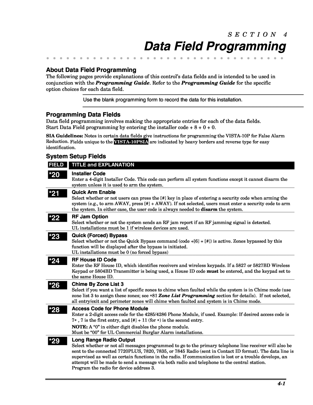 Honeywell VISTA-10PSIA About Data Field Programming, Programming Data Fields, System Setup Fields, S E C T I O N 