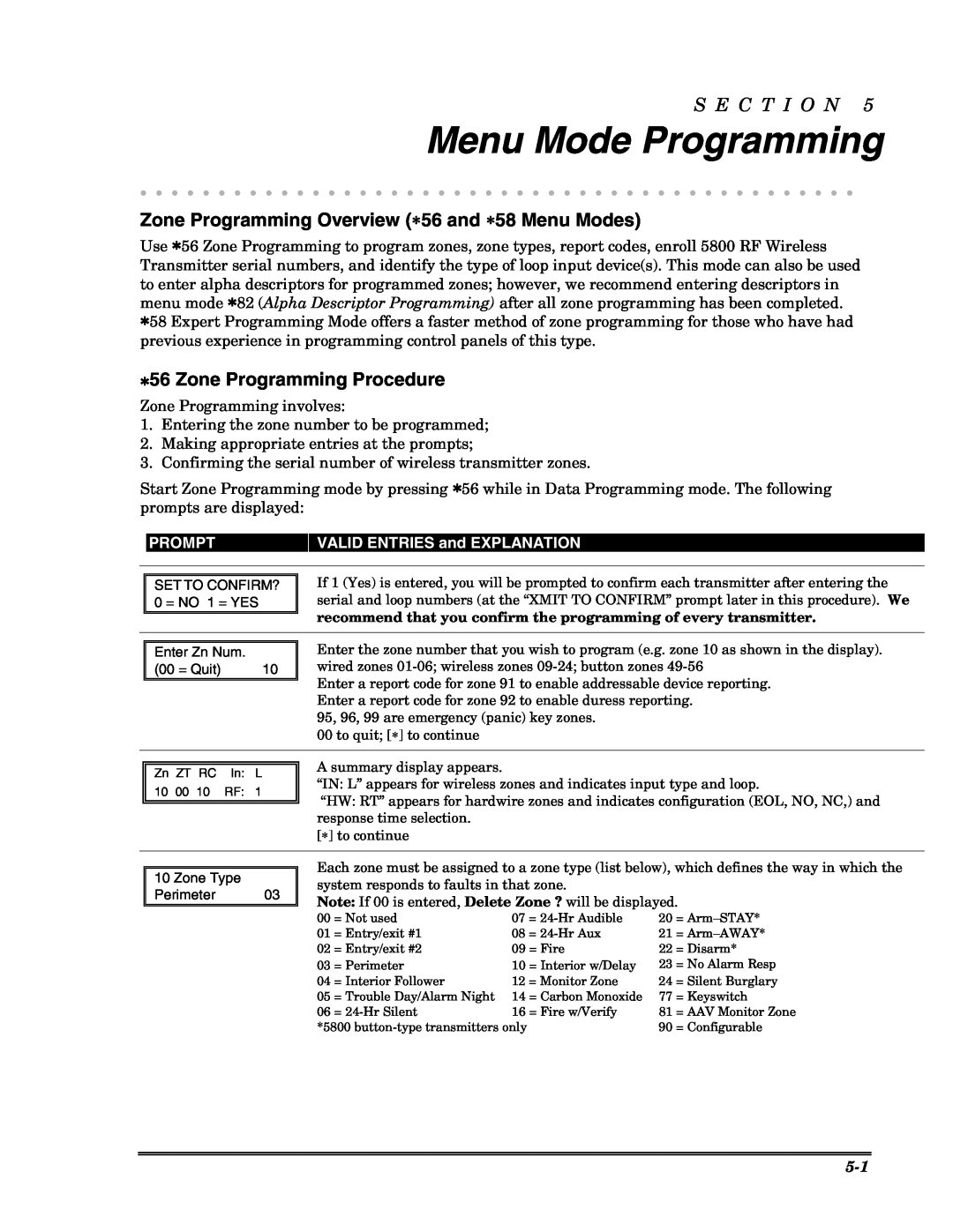 Honeywell VISTA-10PSIA Menu Mode Programming, Zone Programming Overview ∗56 and ∗58 Menu Modes, Zone Programming Procedure 