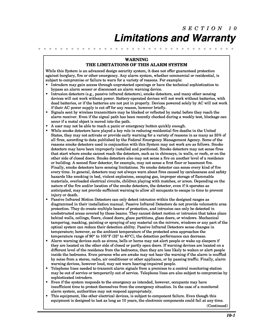 Honeywell VISTA-10PSIA, Ademco Security Systems setup guide Limitations and Warranty, S E C T I O N, 10-1 