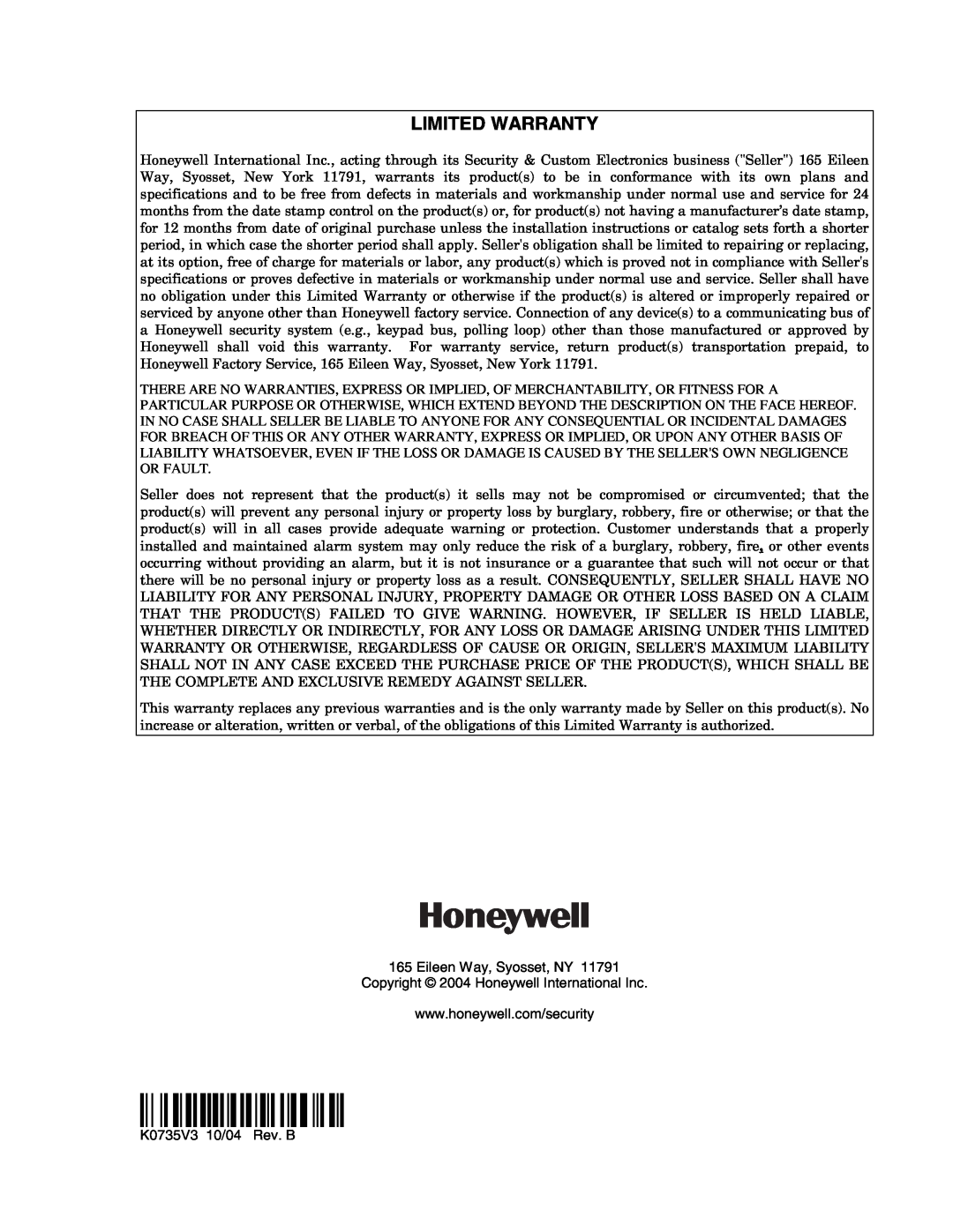 Honeywell VISTA-10PSIA, Ademco Security Systems setup guide ÊK0735V3 Š, Limited Warranty 