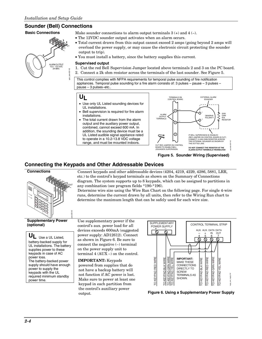 Honeywell K5305-1V5 Sounder Bell Connections, Connecting the Keypads and Other Addressable Devices, Basic Connections 