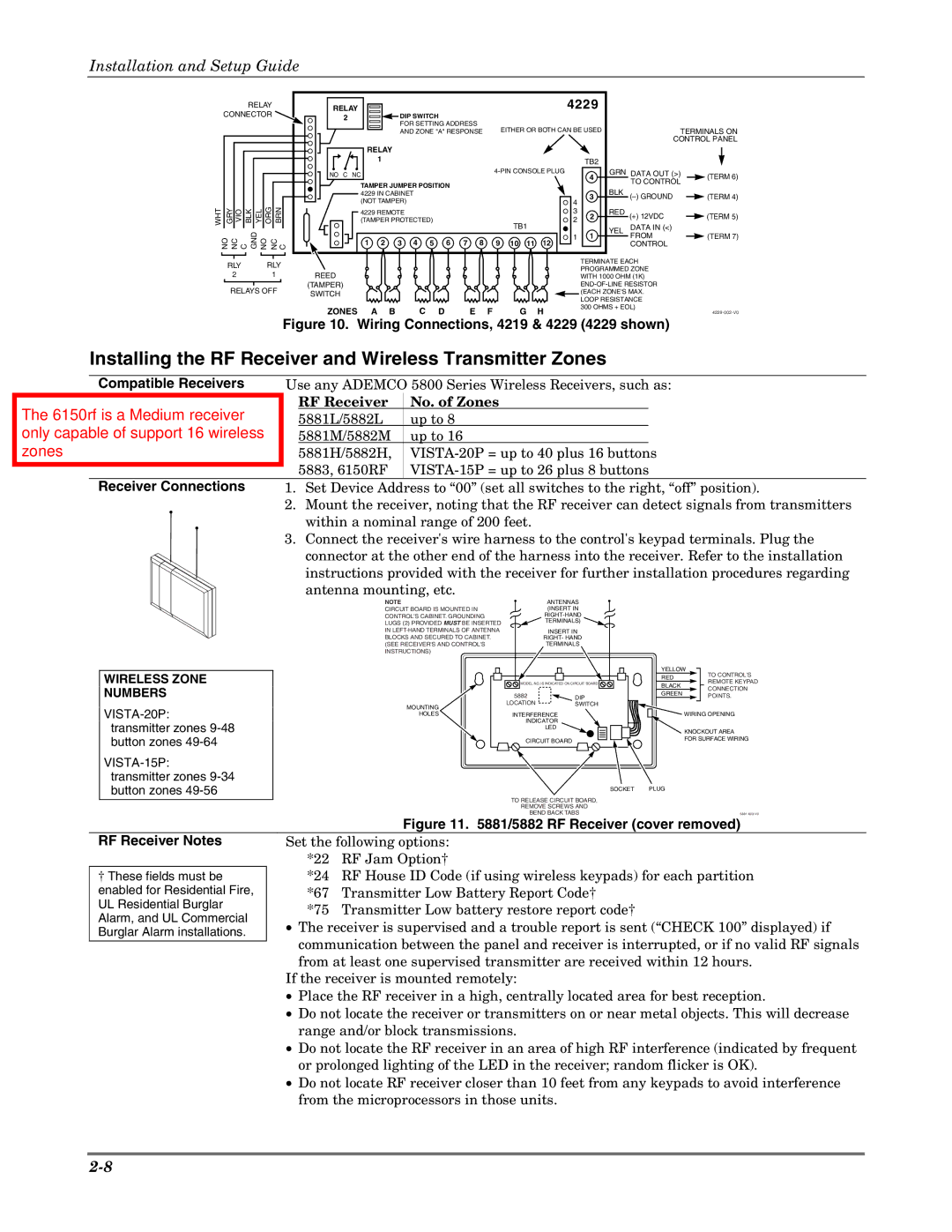 Honeywell K5305-1V5 Installing the RF Receiver and Wireless Transmitter Zones, Compatible Receivers, Receiver Connections 