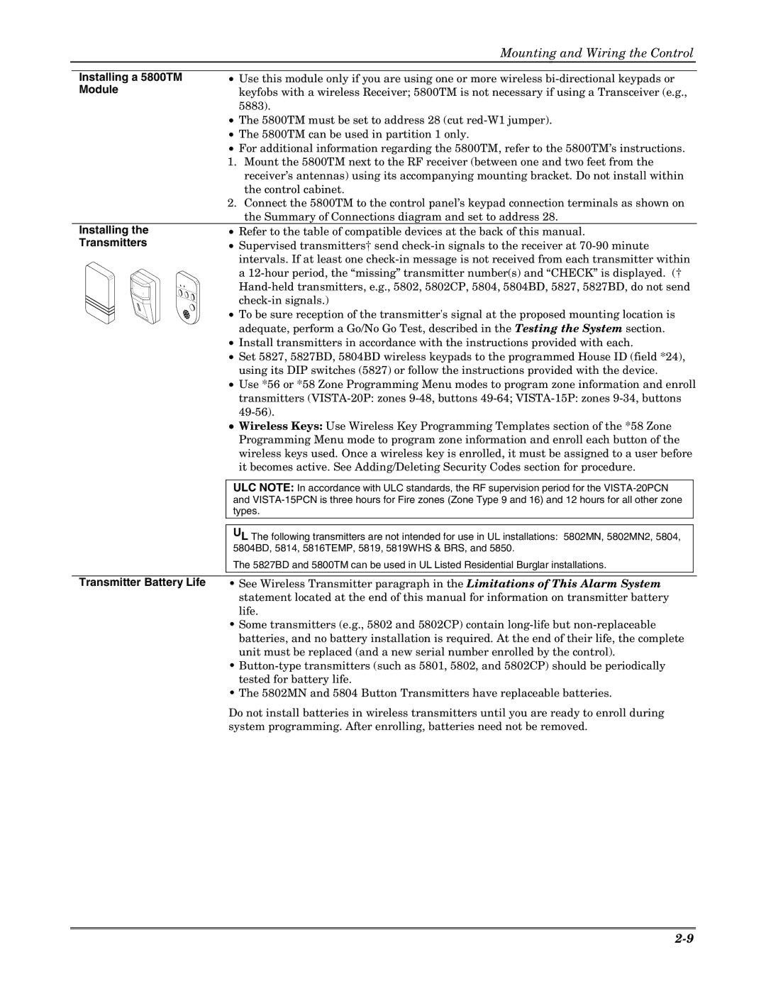 Honeywell VISTA 20P, VISTA-20PSIA, VISTA-15P, VISTA-15PSIA, K5305-1V5 setup guide Installing a 5800TM, Module, Transmitters 