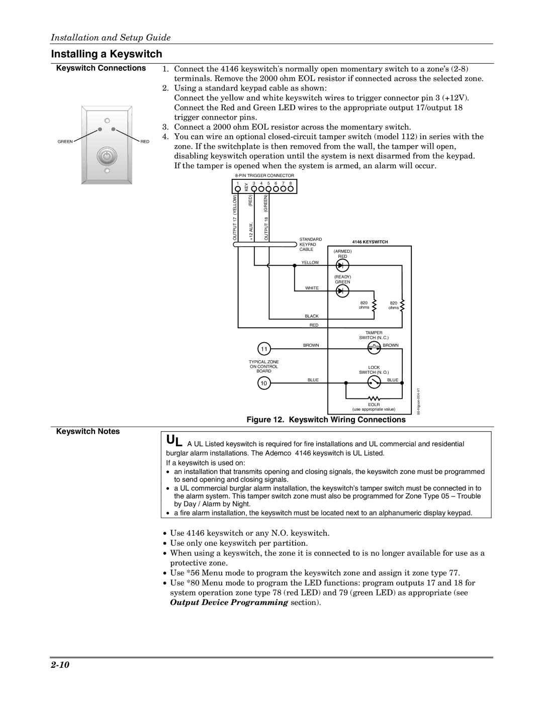 Honeywell K5305-1V5, VISTA 20P, VISTA-20PSIA, VISTA-15P, VISTA-15PSIA Installing a Keyswitch, Keyswitch Connections 