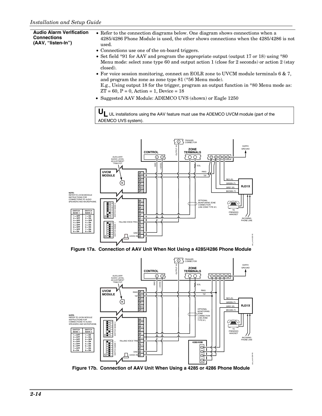 Honeywell K5305-1V5 setup guide Audio Alarm Verification Connections AAV, listen-In, Bank 