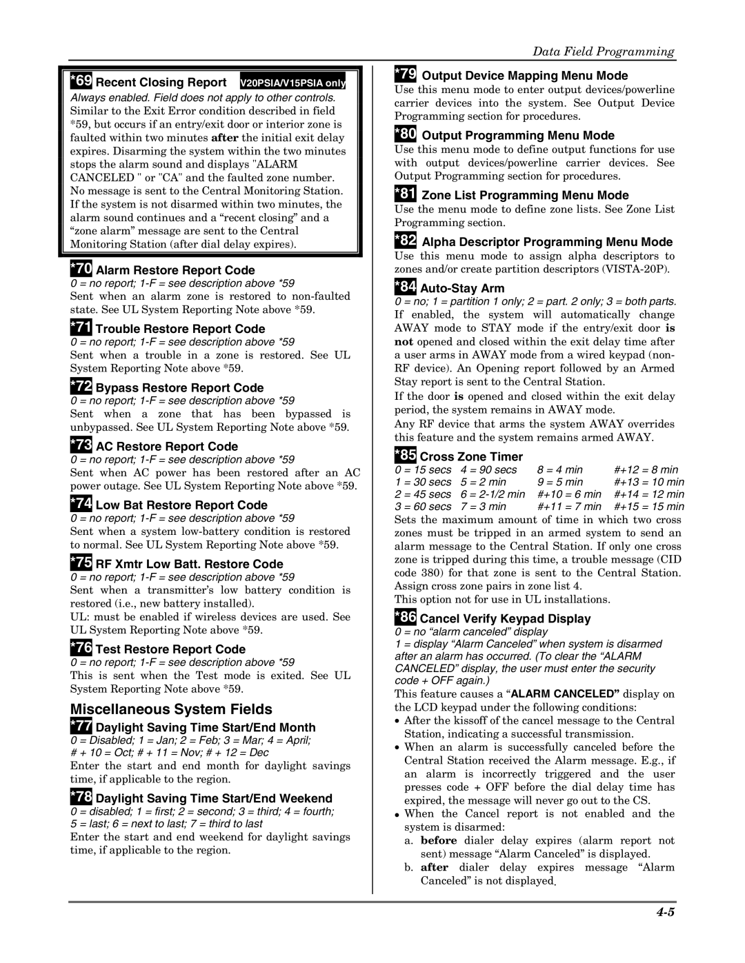 Honeywell VISTA 20P, VISTA-20PSIA, VISTA-15P, VISTA-15PSIA, K5305-1V5 setup guide Miscellaneous System Fields 