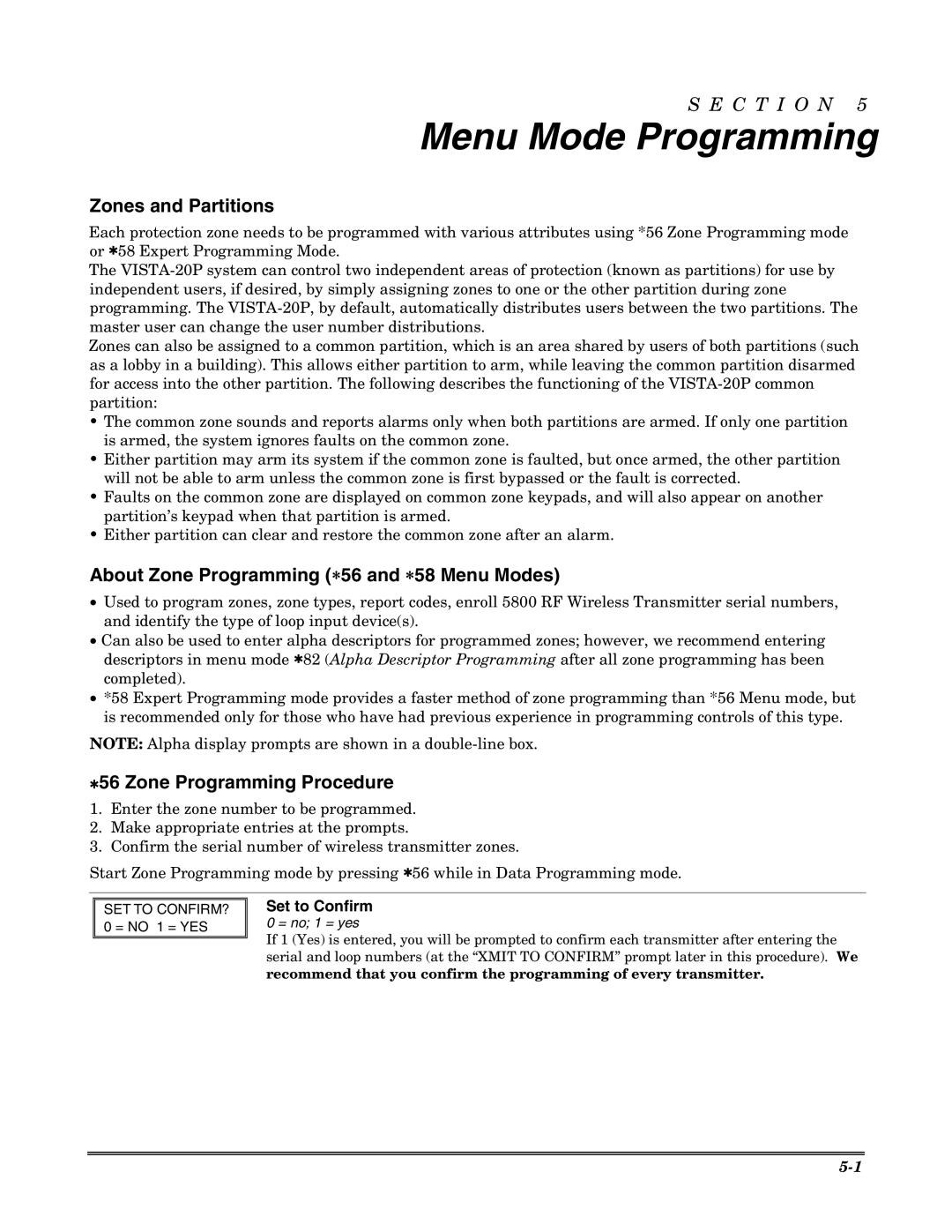 Honeywell VISTA 20P, VISTA-20PSIA, VISTA-15P, VISTA-15PSIA Menu Mode Programming, Zones and Partitions, Set to Confirm 