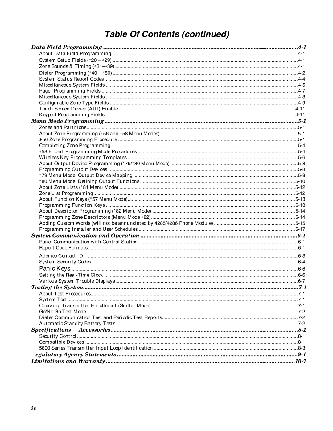 Honeywell K5305-1V5, VISTA 20P, VISTA-20PSIA, VISTA-15P, VISTA-15PSIA setup guide Table Of Contents 