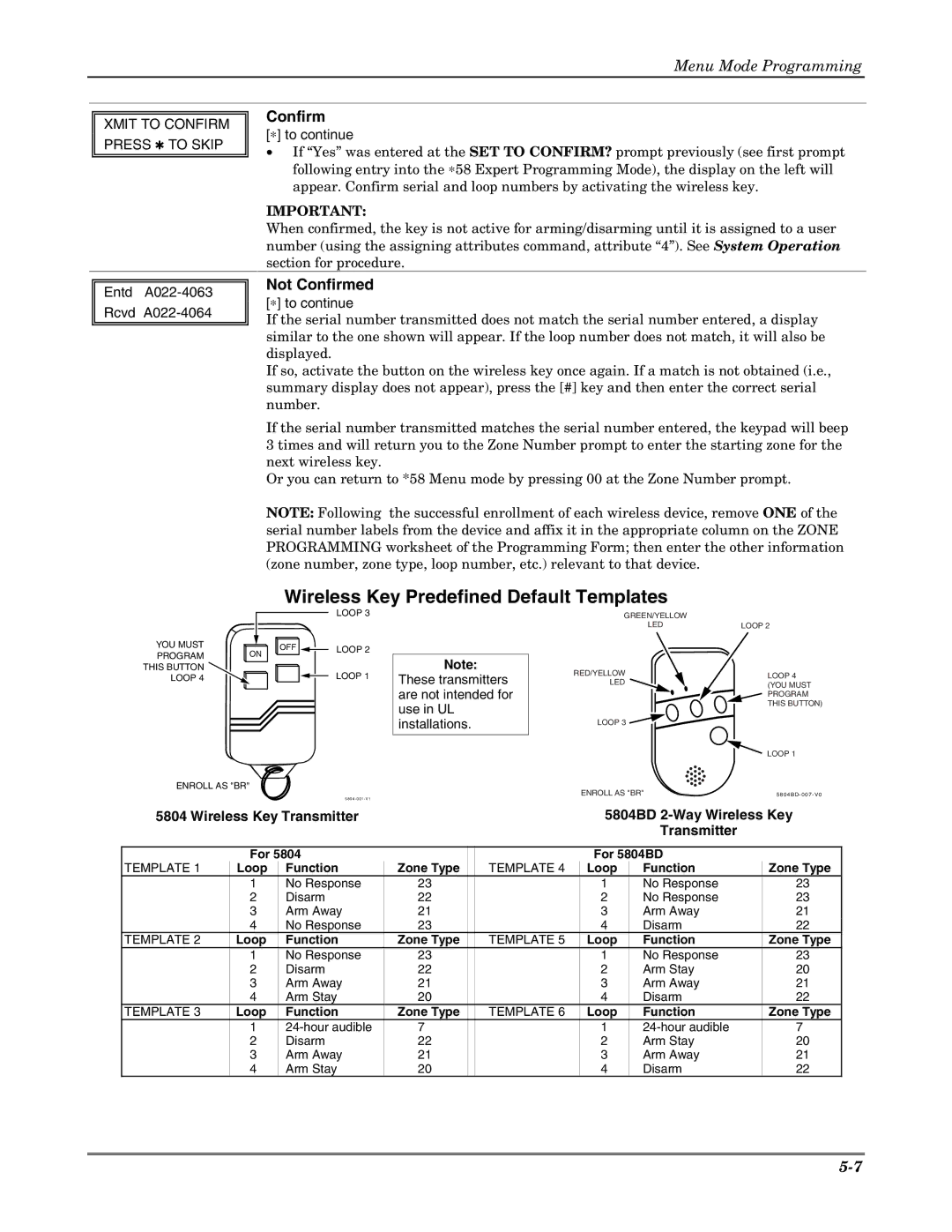 Honeywell VISTA 20P, VISTA-20PSIA, VISTA-15P, VISTA-15PSIA Wireless Key Predefined Default Templates, Not Confirmed 