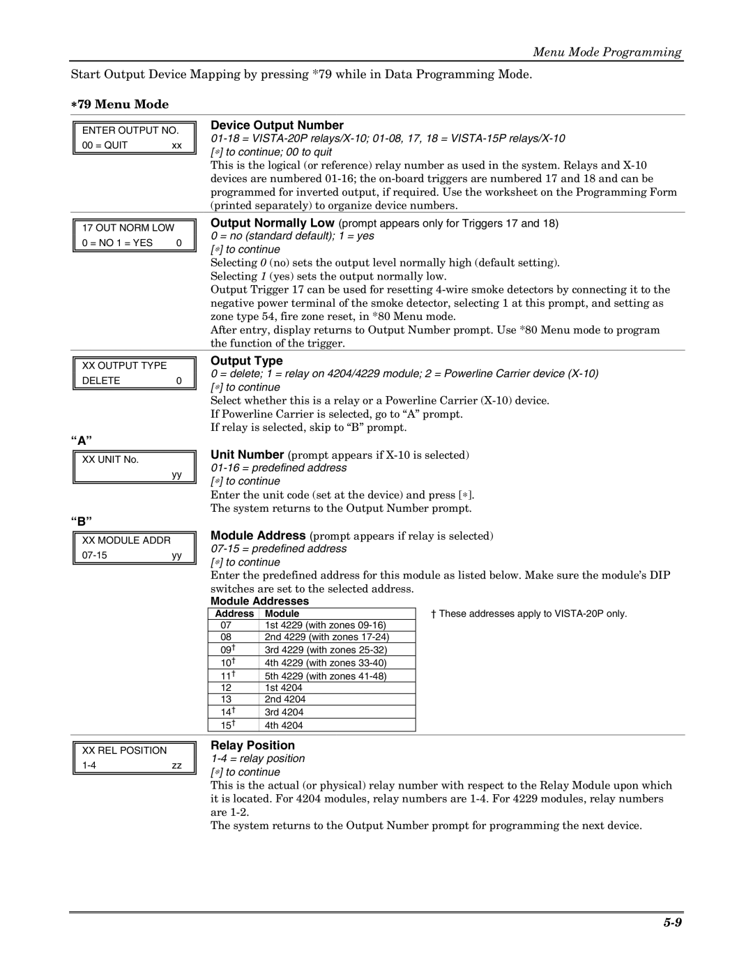 Honeywell VISTA 20P, VISTA-20PSIA, VISTA-15P, VISTA-15PSIA, K5305-1V5 Output Type, Relay Position, Module Addresses 