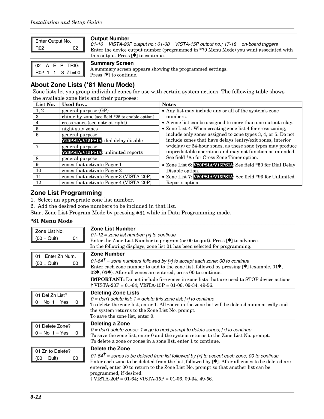 Honeywell K5305-1V5 setup guide About Zone Lists *81 Menu Mode, Zone List Programming 