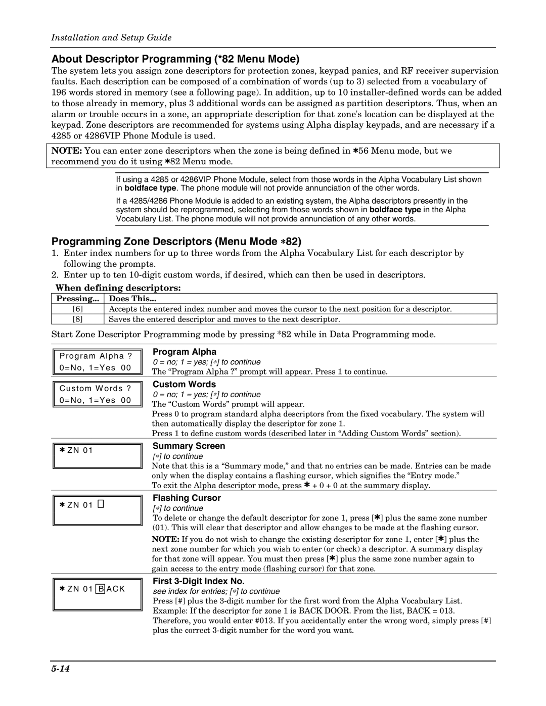 Honeywell K5305-1V5 setup guide About Descriptor Programming *82 Menu Mode, Programming Zone Descriptors Menu Mode ∗82 