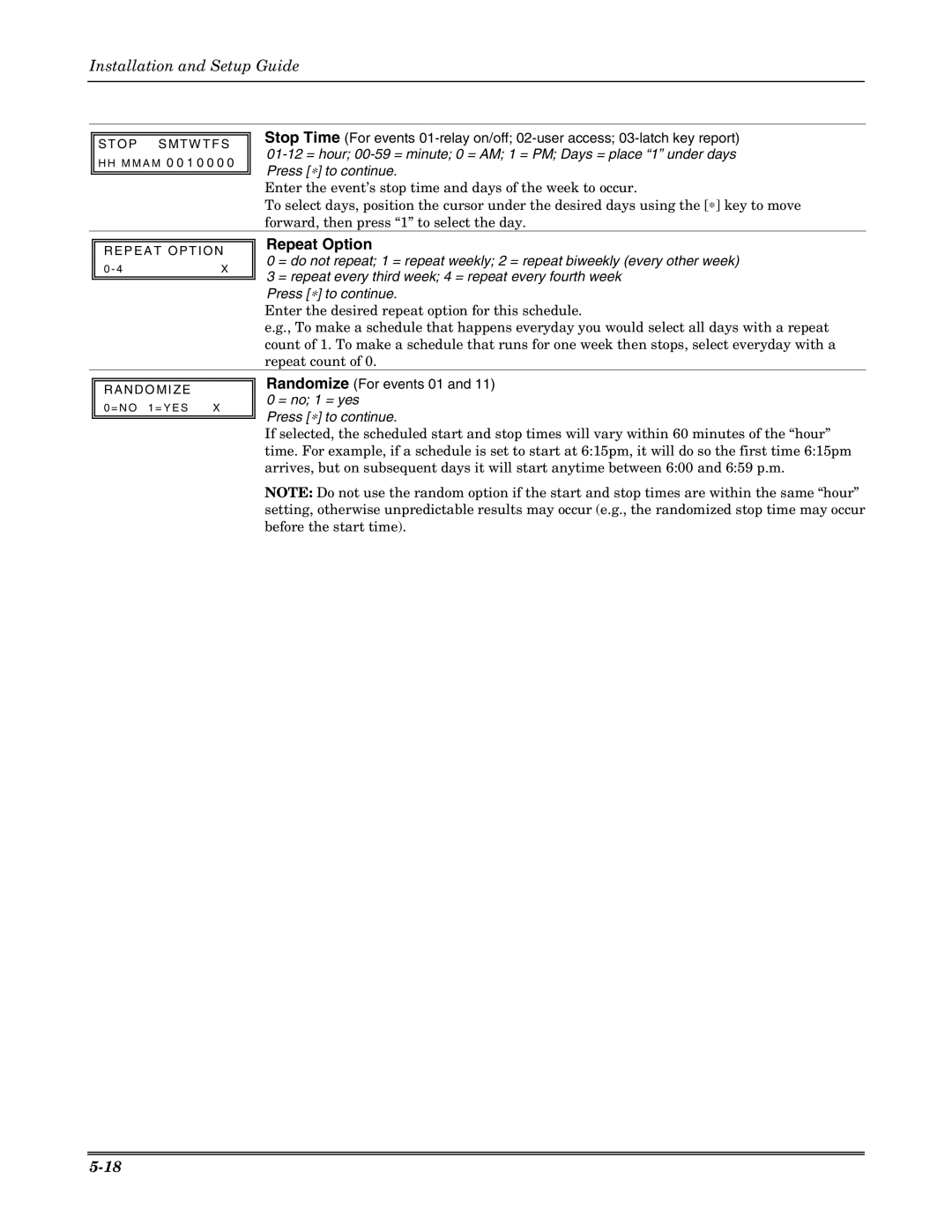 Honeywell K5305-1V5 Repeat Option, = repeat every third week 4 = repeat every fourth week, Randomize For events 01 