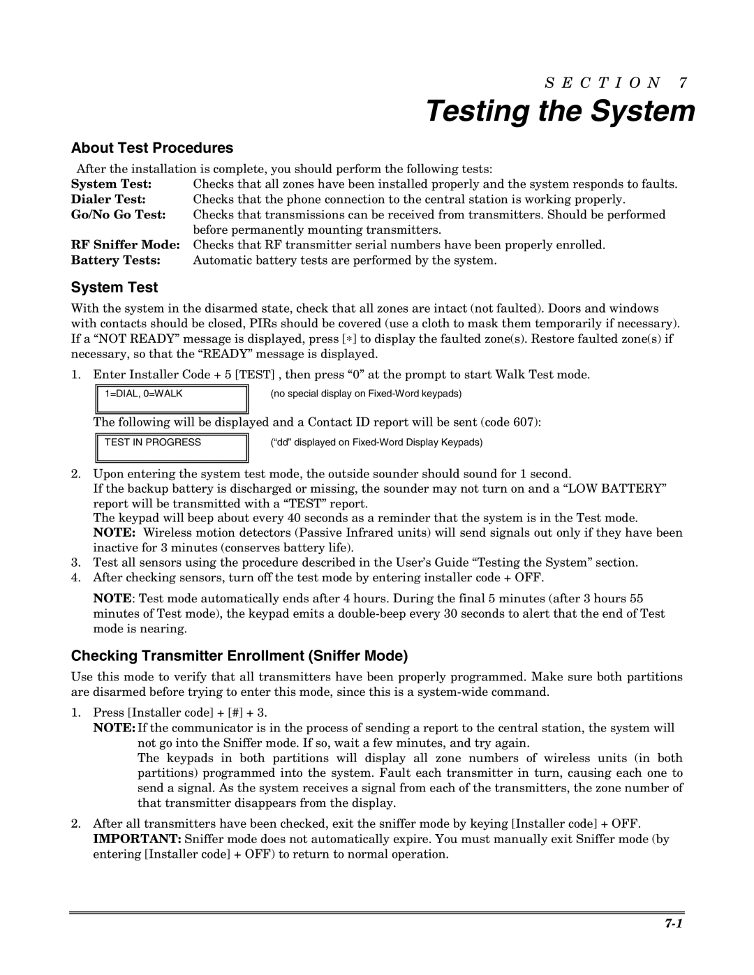 Honeywell VISTA 20P, VISTA-20PSIA, VISTA-15P, VISTA-15PSIA Testing the System, About Test Procedures, System Test 