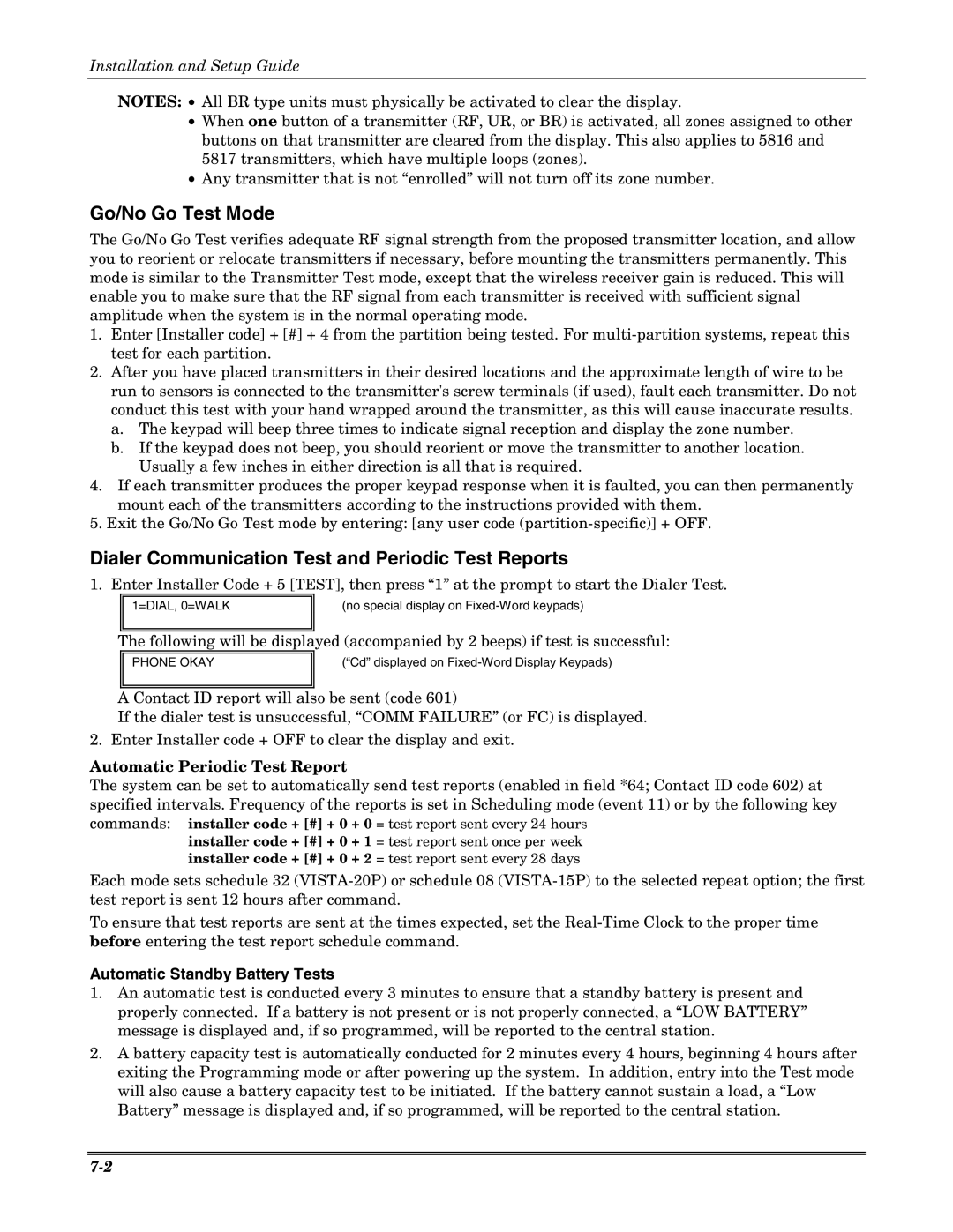 Honeywell K5305-1V5 setup guide Go/No Go Test Mode, Dialer Communication Test and Periodic Test Reports 