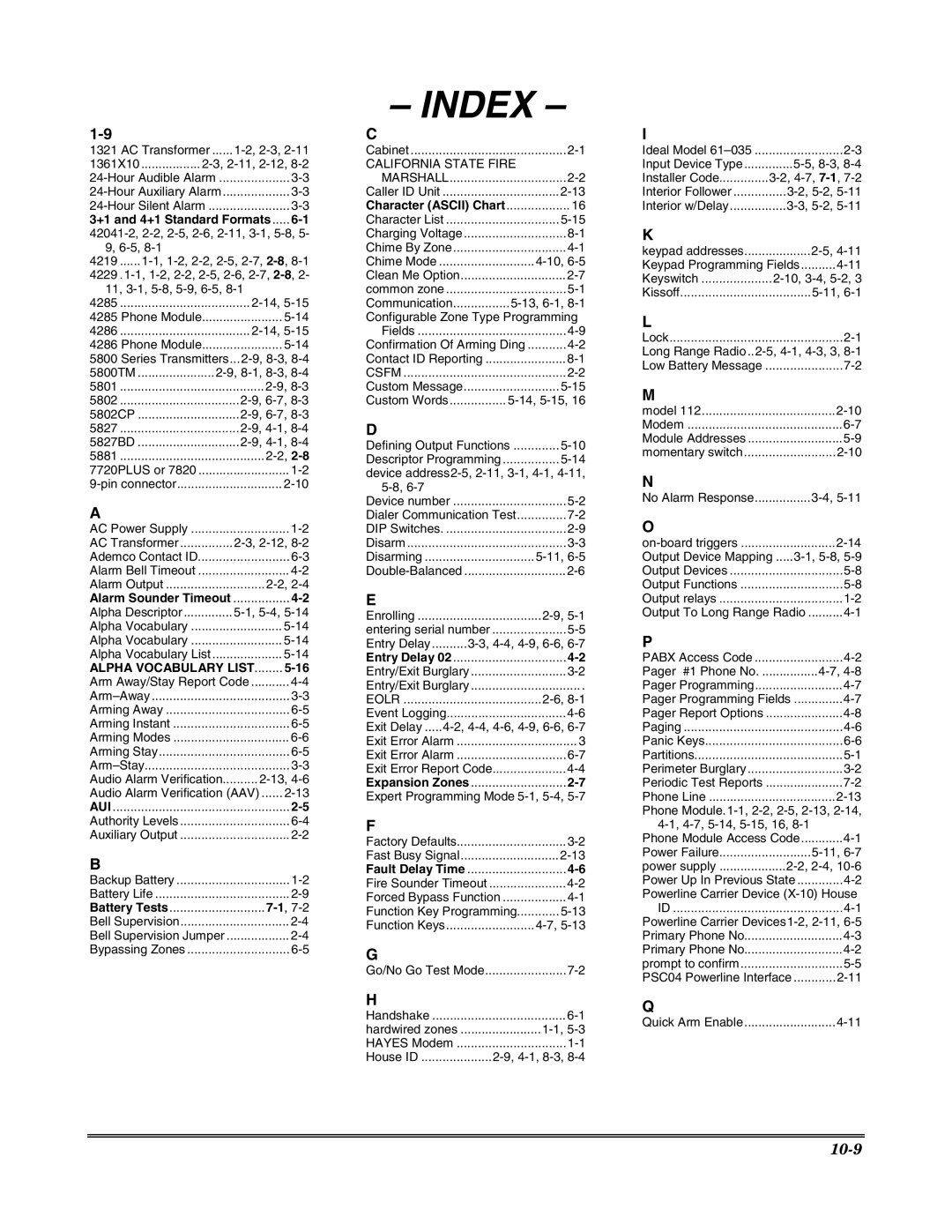 Honeywell VISTA 20P, VISTA-20PSIA, VISTA-15P, VISTA-15PSIA, K5305-1V5 setup guide Index 