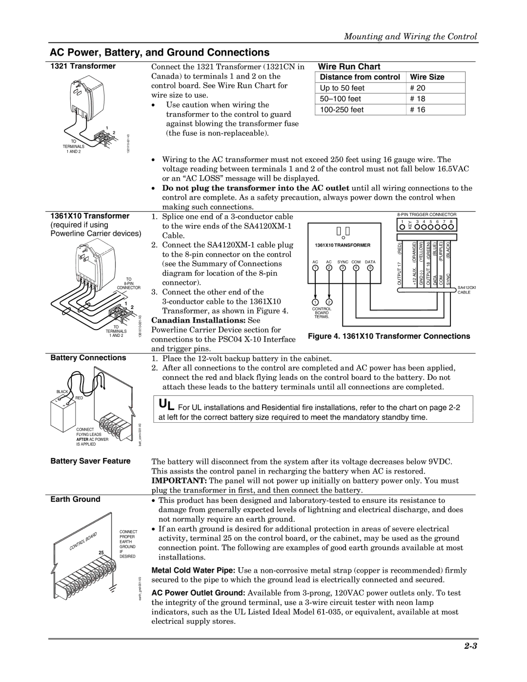 Honeywell VISTA 20P, VISTA-20PSIA, VISTA-15P, VISTA-15PSIA AC Power, Battery, and Ground Connections, Wire Run Chart 