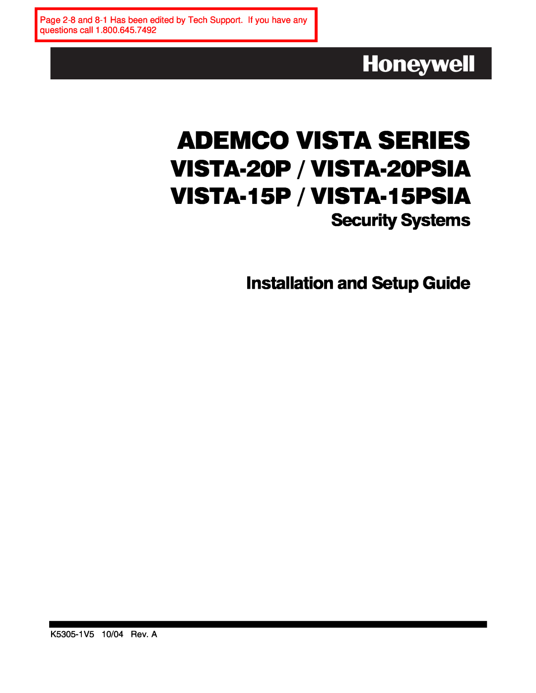 Honeywell VISTA 20P, VISTA-20PSIA, VISTA-15P, VISTA-15PSIA, K5305-1V5 setup guide Ademco Vista Series 