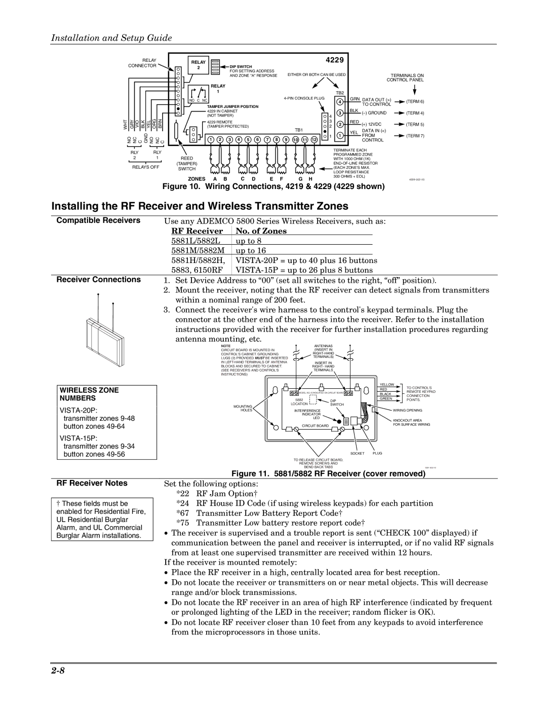 Honeywell VISTA-15PSIA Installing the RF Receiver and Wireless Transmitter Zones, Compatible Receivers, RF Receiver Notes 