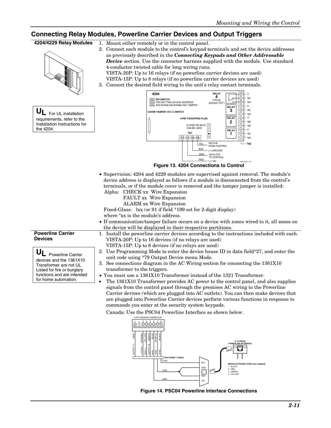 Honeywell VISTA-20PSIA, VISTA-15PSIA setup guide 4204/4229 Relay Modules, Powerline Carrier Devices 