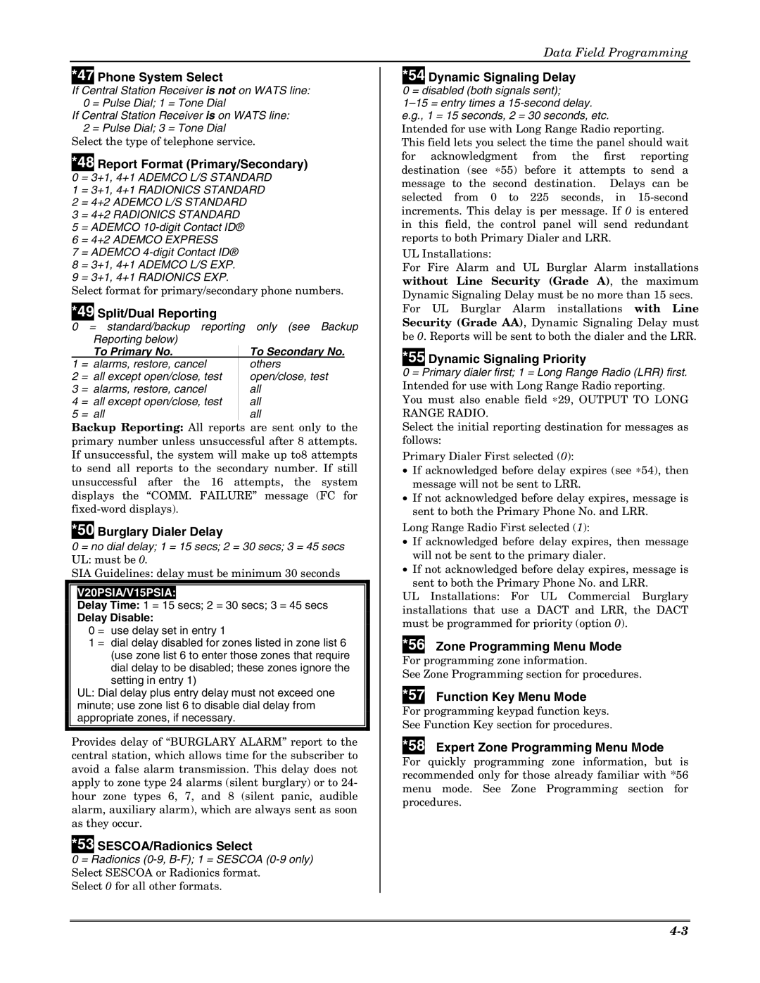 Honeywell VISTA-15P Phone System Select, Report Format Primary/Secondary, Split/Dual Reporting, Burglary Dialer Delay 