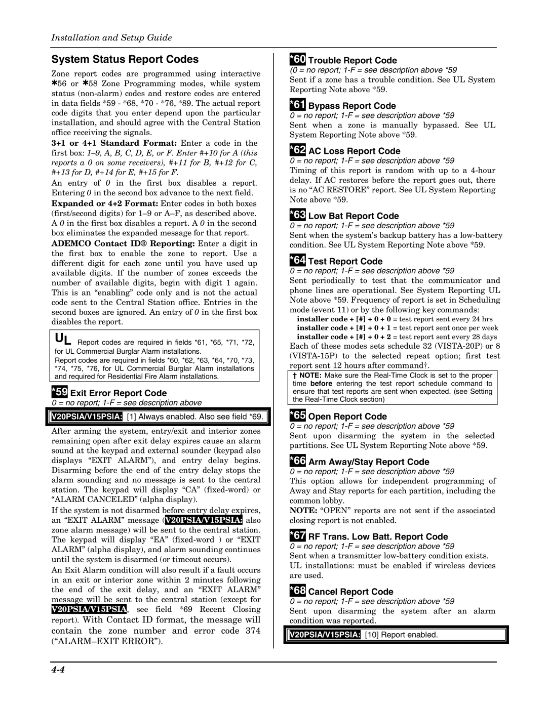 Honeywell VISTA-20PSIA, VISTA-15PSIA setup guide System Status Report Codes 