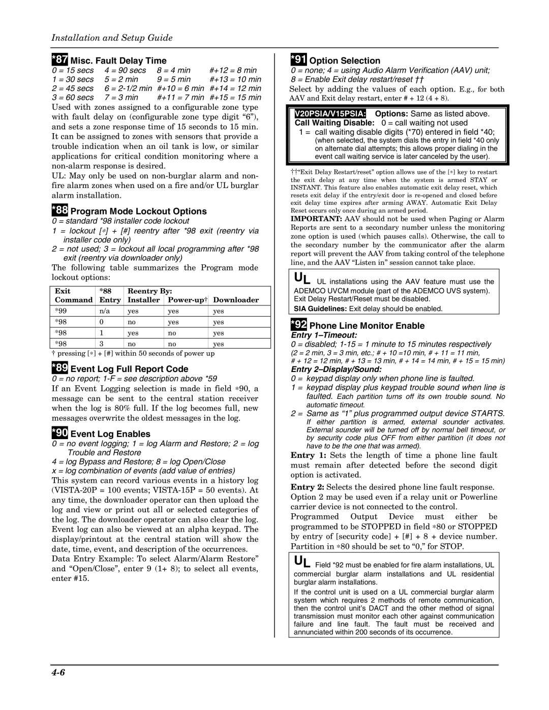 Honeywell VISTA-15PSIA Misc. Fault Delay Time, Program Mode Lockout Options, Event Log Full Report Code, Event Log Enables 