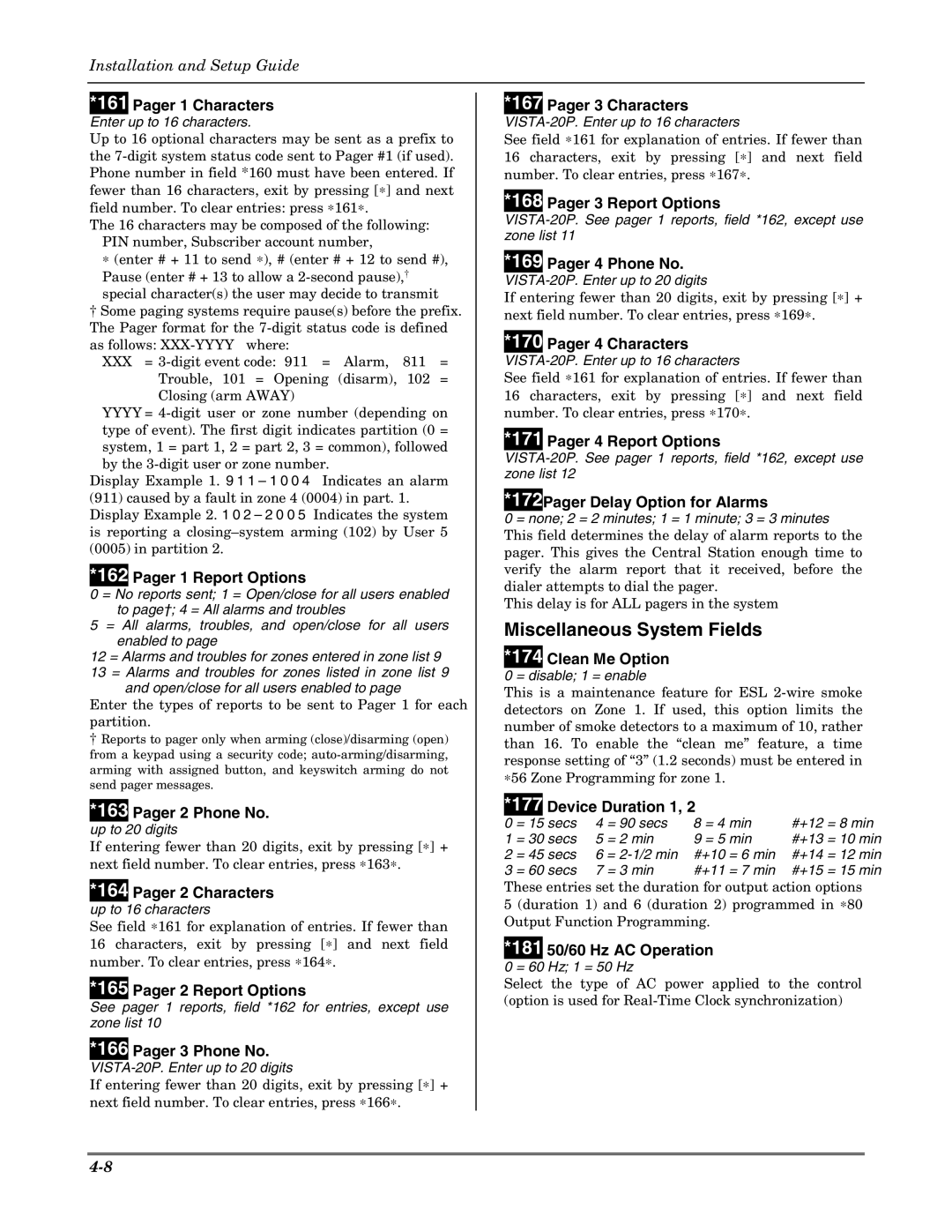 Honeywell VISTA-20P Pager 1 Characters, Pager 1 Report Options, Pager 2 Phone No, Pager 2 Characters, Pager 3 Phone No 