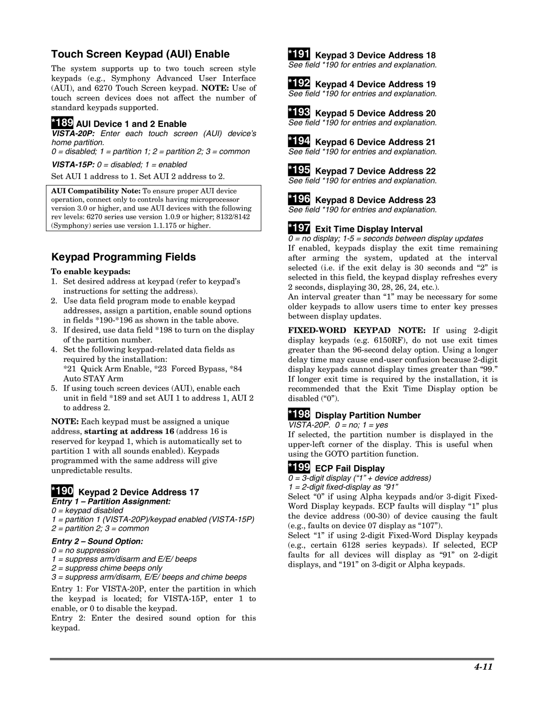 Honeywell VISTA-20PSIA, VISTA-15PSIA setup guide Touch Screen Keypad AUI Enable, Keypad Programming Fields 