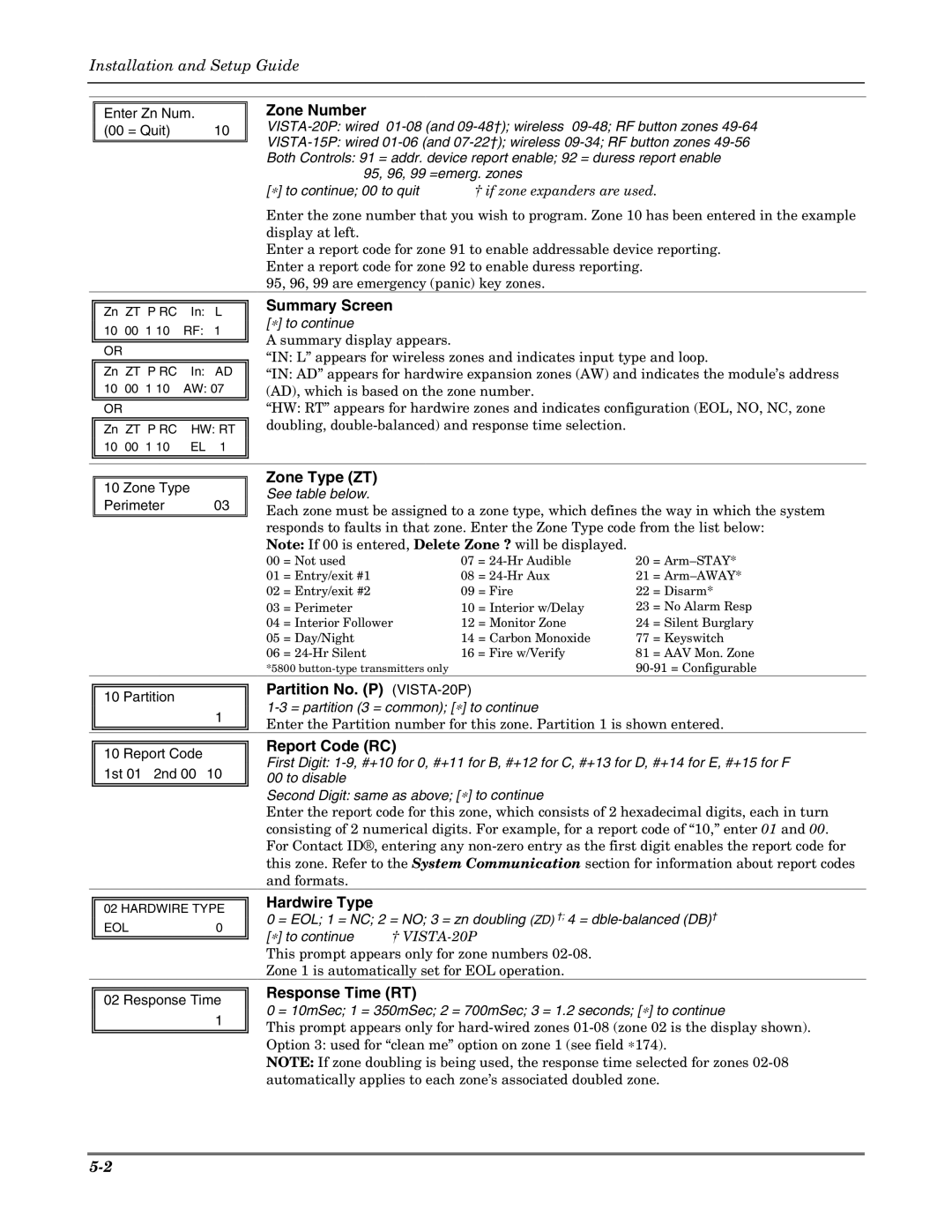 Honeywell VISTA-15PSIA Zone Number, Summary Screen, Zone Type ZT, Partition No. P VISTA-20P, Report Code RC, Hardwire Type 